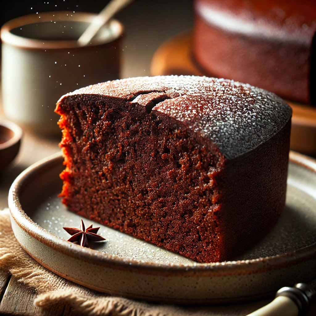 Alt Text: A slice of rich, dark brown velvety chocolate cake with a smooth, moist texture and a light dusting of powdered sugar on top. The cake is served on a rustic ceramic plate in a cozy setting, with soft natural lighting that highlights the cake’s inviting texture, perfect for a homemade dessert.