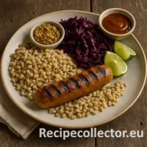 A grilled vegan sausage served with pearl barley, braised red cabbage, lime wedges, mustard, and BBQ sauce on a ceramic plate over a rustic wooden table.
