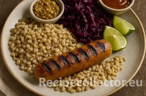A grilled vegan sausage served with pearl barley, braised red cabbage, lime wedges, mustard, and BBQ sauce on a ceramic plate over a rustic wooden table.