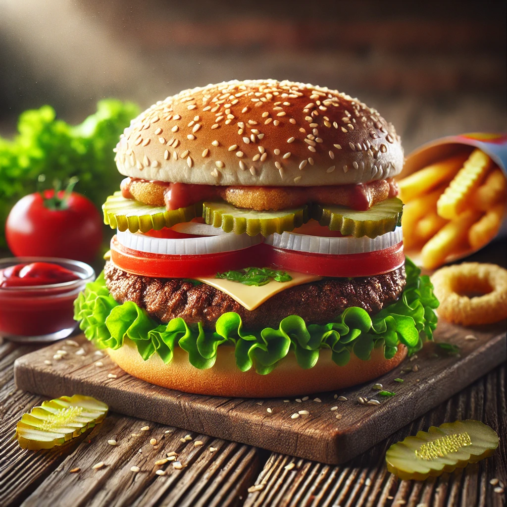 A Carl's Jr. Famous Star burger is displayed on a rustic wooden table. The burger is layered with a sesame-seed hamburger bun, a grilled beef patty, fresh lettuce, sliced tomatoes, dill pickle slices, and quartered onion rings. The top bun is slightly tilted, revealing the creamy secret sauce made from ketchup and sweet pickle relish. Beside the burger are a few crispy fries and a small dish of ketchup. Scattered lettuce leaves and sesame seeds enhance the appetizing presentation. Soft natural light highlights the fresh ingredients and juicy textures.
