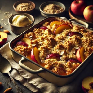 A golden Apple and Plum Nut Crumble served in a rustic baking dish on a weathered wooden table. The crumble topping is crisp and golden, with visible oats and almonds, covering the vibrant fruit filling beneath. The setup includes a soft linen napkin, a spoon for serving, and small bowls of vanilla ice cream on the side, illuminated by soft natural lighting for a warm and inviting presentation.