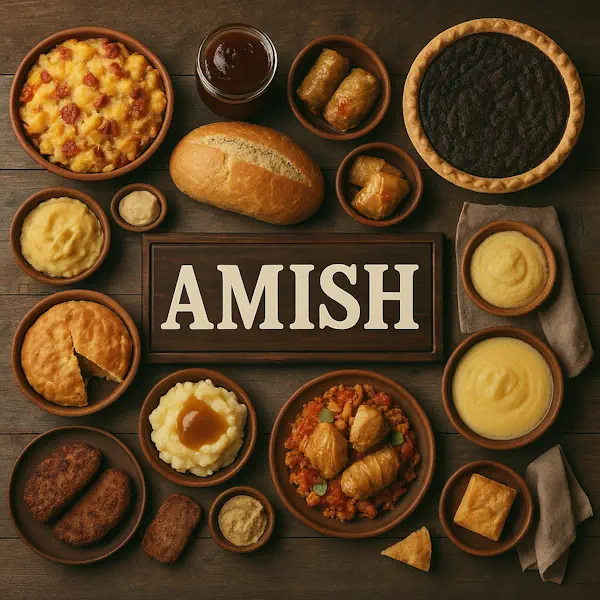 Top-down view of a rustic wooden table featuring a variety of traditional Amish dishes arranged around a central sign labeled AMISH. Includes shoofly pie, breakfast casserole, mashed potatoes with gravy, cabbage rolls, scrapple, apple butter, cornbread, and homemade bread, all served in warm-toned wooden and ceramic bowls and plates.