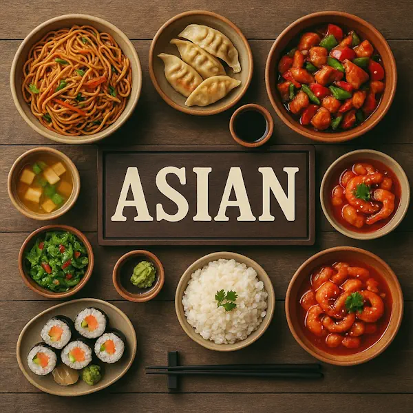 Top-down view of a rustic wooden table featuring a variety of traditional Asian dishes arranged around a central sign labeled ASIAN. Includes sushi rolls, stir-fried noodles, steamed dumplings, miso soup, rice, sweet and sour shrimp, tofu with vegetables, and spicy chicken, all served in wooden and ceramic bowls and plates.