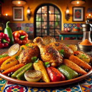 Adobo seasoned chicken with roasted vegetables, served in a vibrant Mexican-style setting.