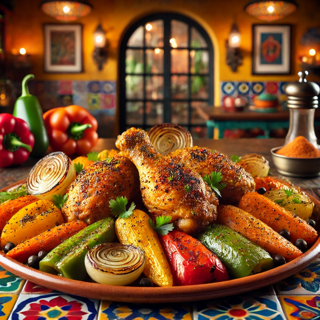 Adobo seasoned chicken with roasted vegetables, served in a vibrant Mexican-style setting.