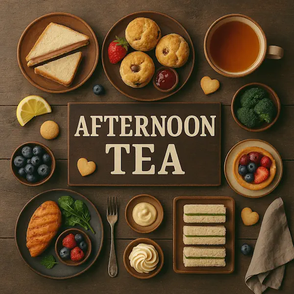 Top-down view of a rustic wooden table featuring a charming assortment of afternoon tea items arranged around a central sign labeled AFTERNOON TEA. Includes finger sandwiches, scones with jam, a cup of tea, fruit tart, lemon slices, berries, whipped cream, and cookies, all presented in ceramic and wooden dishes with a warm, elegant feel.
