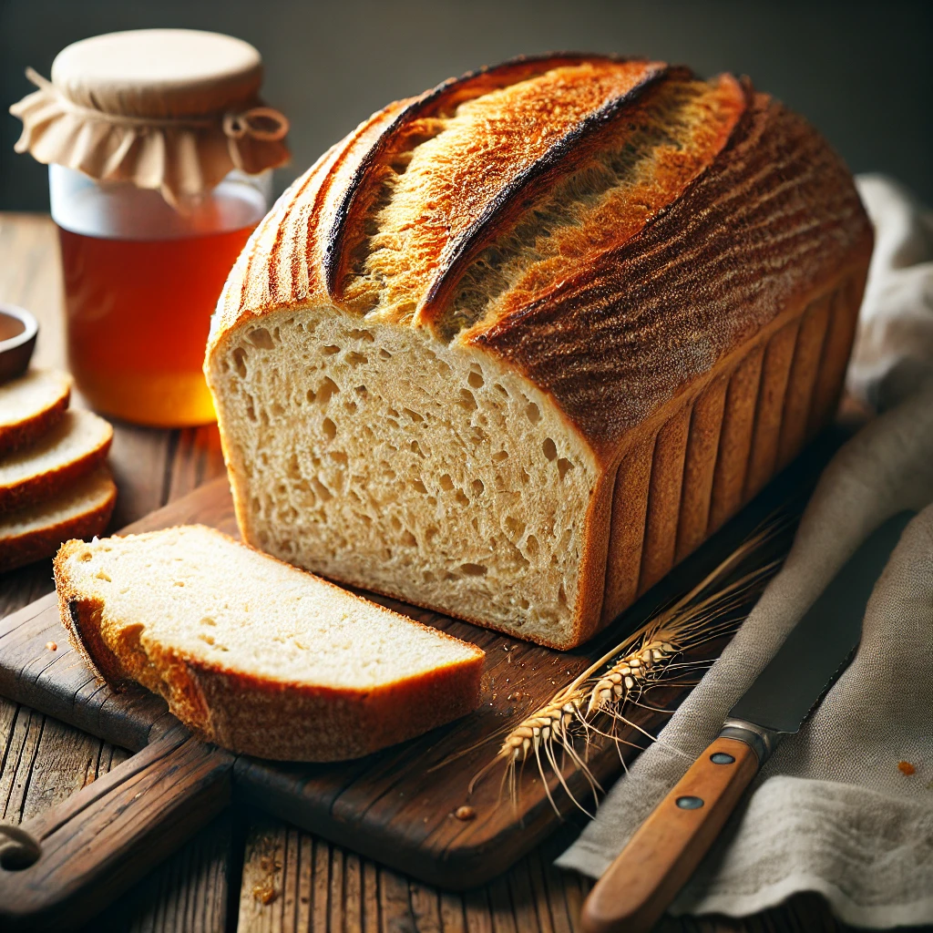 A beautifully baked loaf of Agave Bread with a golden-brown crust, made entirely with whole grain. A few slices are cut to reveal its soft, fluffy interior. The loaf rests on a wooden cutting board, with a jar of agave nectar, a butter knife, and a linen napkin nearby. Warm, natural lighting highlights the bread’s inviting golden tones, creating a cozy, homemade feel.