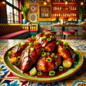 Agave mustard-glazed chicken with Jamaican Jerk seasoning, garnished with scallions in a vibrant Mexican-style setting.