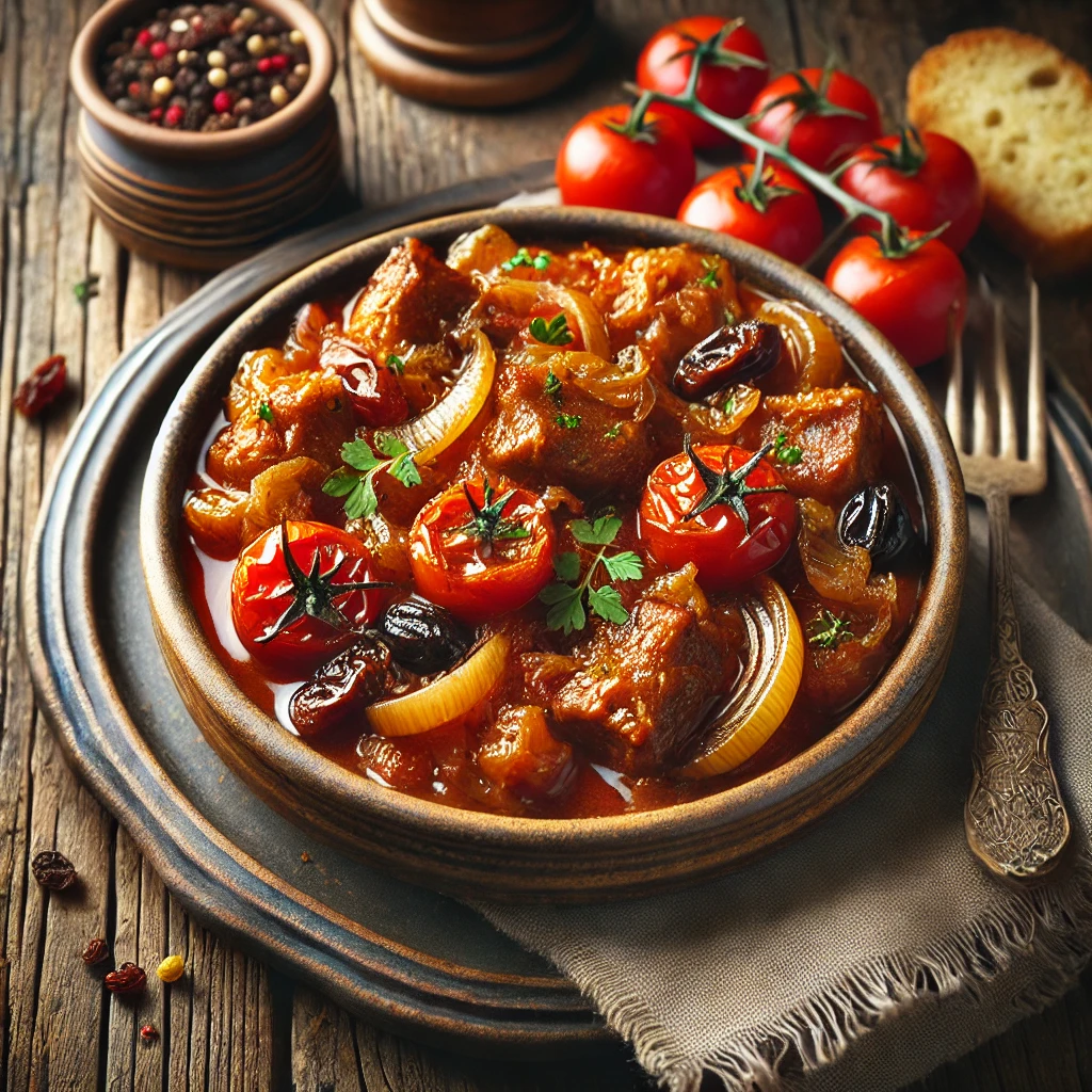 A beautifully plated dish of Agrodolce Stew served on a rustic wooden table. The dish features tender chunks of meat simmered in a rich, tangy-sweet sauce with caramelized onions, tomatoes, and raisins. Garnished with fresh herbs and served in a rustic ceramic bowl. A side of crusty bread or polenta accompanies the dish. The warm wooden table is more visible, providing a cozy and inviting setting.