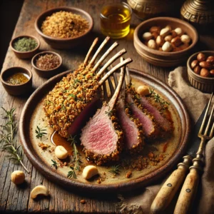 Air-Fried Macadamia Crusted Rack of Lamb served on an artisan ceramic plate, coated with a golden, crunchy macadamia crust and cooked to a perfect medium-rare. The dish is garnished with fresh herbs and a drizzle of herb-infused olive oil, styled on a rustic wooden table with a small bowl of crushed macadamia nuts, a wooden carving fork, and a side of roasted vegetables.