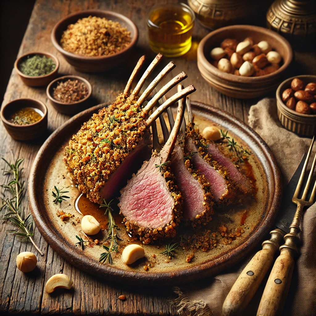 Air-Fried Macadamia Crusted Rack of Lamb served on an artisan ceramic plate, coated with a golden, crunchy macadamia crust and cooked to a perfect medium-rare. The dish is garnished with fresh herbs and a drizzle of herb-infused olive oil, styled on a rustic wooden table with a small bowl of crushed macadamia nuts, a wooden carving fork, and a side of roasted vegetables.