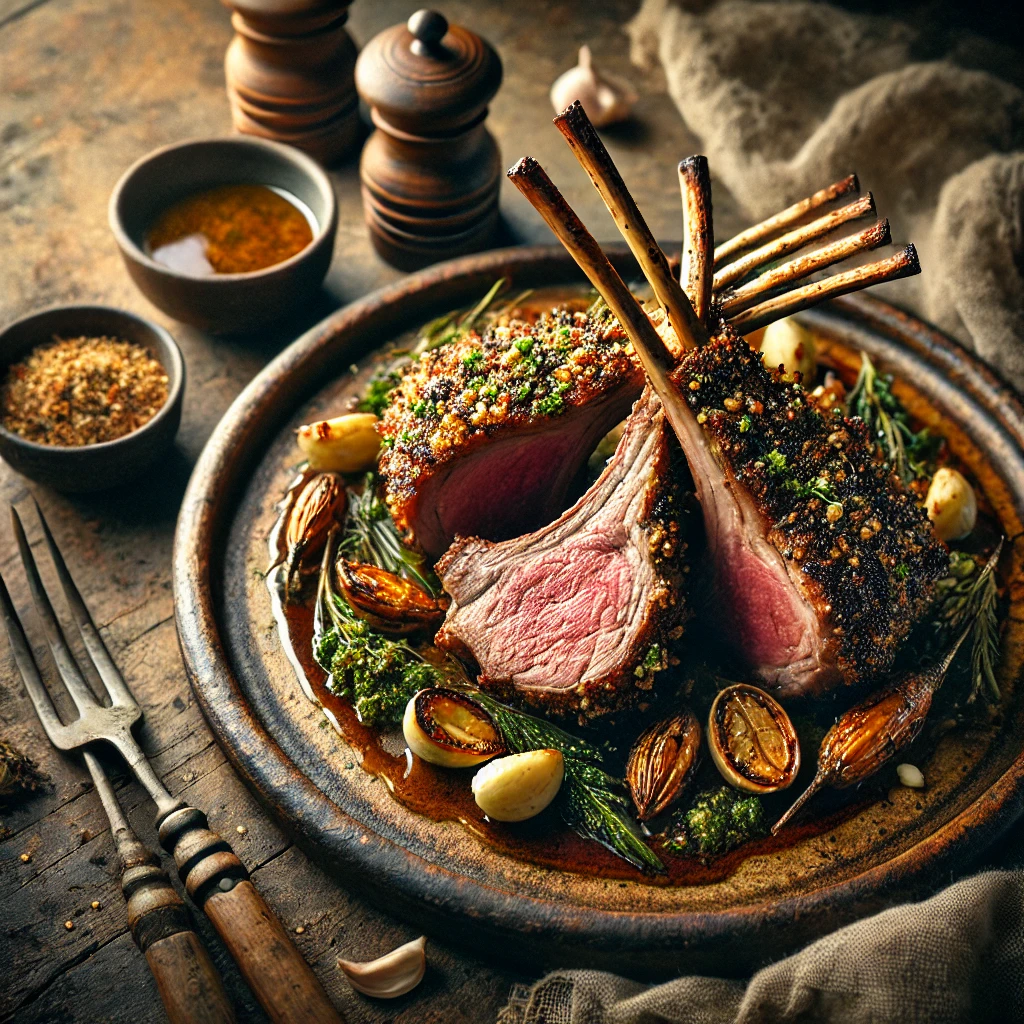 Roasted Rack of Lamb served on an artisan ceramic plate, cooked to a perfect medium-rare with a golden-brown macadamia crust. The dish is garnished with fresh herbs and a drizzle of garlic-infused olive oil, styled on a rustic wooden table with a small bowl of extra breadcrumbs, a wooden carving fork, and a side of roasted vegetables.