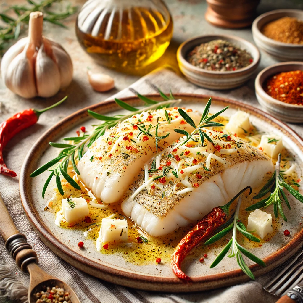Monkfish Fillets with Romano Cheese, featuring tender fillets (no head shown) topped with melted Romano cheese, Aleppo chili powder, and rosemary, presented in a rustic and inviting Mediterranean-style setting.