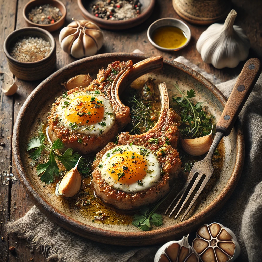 Air Fryer Garlic Egg Lamb Chops served on an artisan ceramic plate, golden-brown with a flavorful garlic crust, garnished with fresh herbs. The dish is accompanied by roasted garlic cloves and a drizzle of olive oil, styled on a rustic wooden table with a wooden spatula, a linen napkin, and a small dish of seasoning.