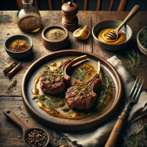 Air Fryer Lamb Chops served on an artisan ceramic plate, seared to perfection with a golden-brown crust, seasoned with mustard, tarragon, and lemon juice. The dish is garnished with fresh herbs and a drizzle of olive oil, styled on a rustic wooden table with a small bowl of whole grain mustard, a wooden serving fork, and a side of roasted vegetables.