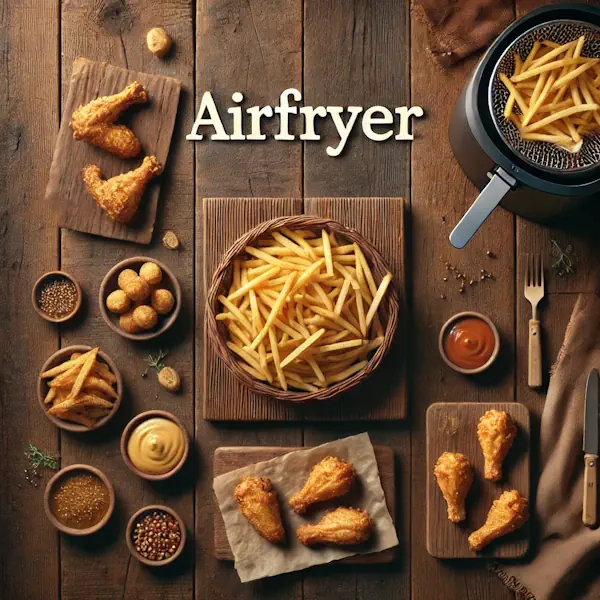A rustic flat lay of airfryer foods on a medium-dark wooden table with horizontal planks, including crispy fries, chicken wings, and vegetable bites. At the top, the word 'AIRFRYER' is written in large cream-colored serif letters, centered and clearly visible.