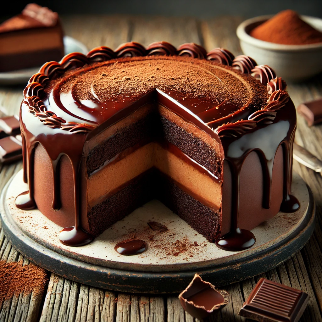 A decadent all-chocolate Boston cream pie on a rustic wooden table, featuring layers of rich chocolate sponge cake filled with velvety chocolate pastry cream. The top is coated with glossy chocolate ganache that drips down the sides. A slice is cut out to reveal the creamy layers, with cocoa powder and chocolate shavings scattered around. Soft natural lighting enhances the deep, indulgent chocolate tones.
