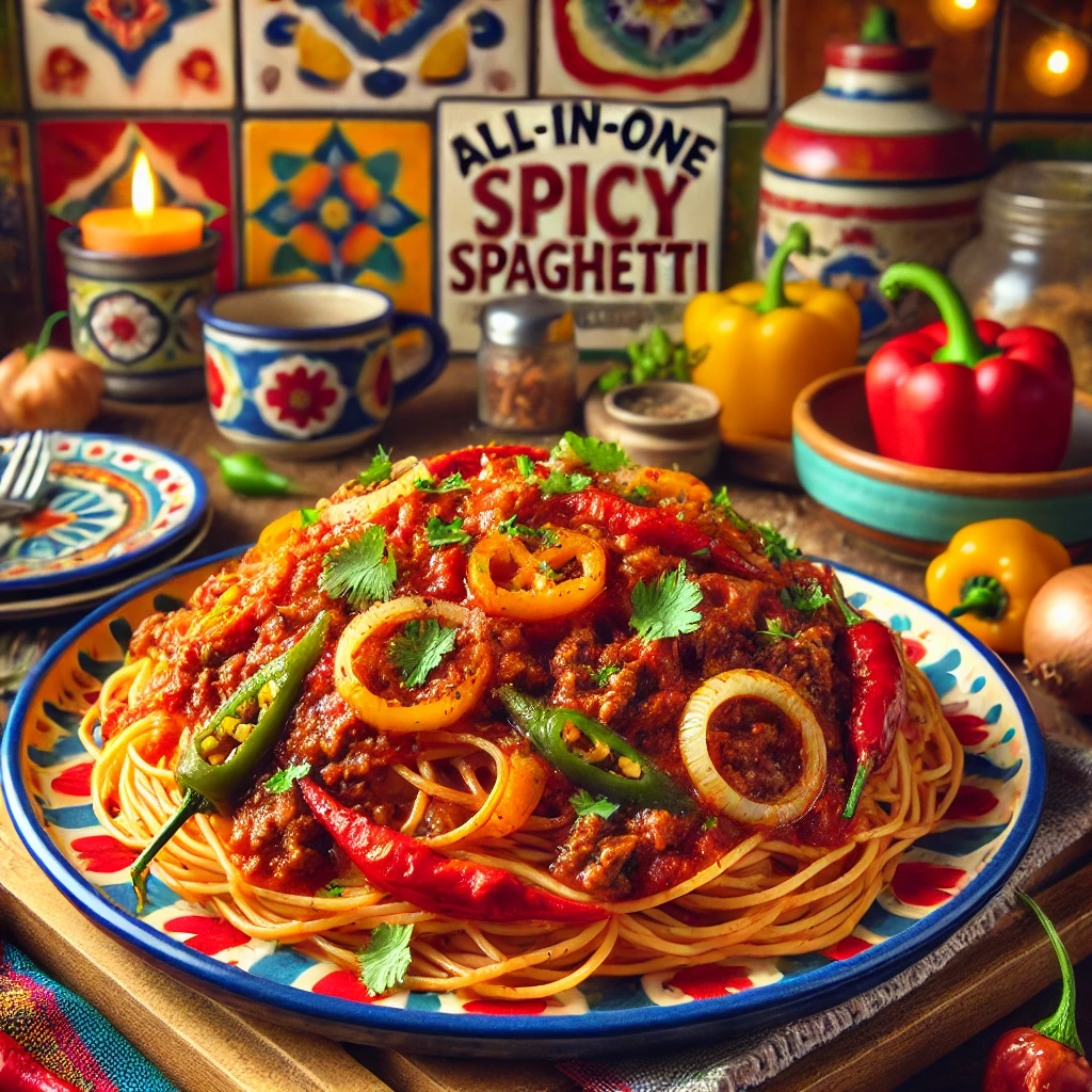 All-in-one spicy spaghetti with beef, tomatoes, and fresh herbs, served on a vibrant Mexican-style plate.