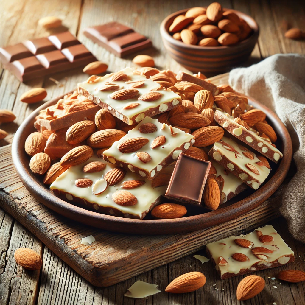 A plate of almond bark candy with a smooth white chocolate base, generously studded with crunchy roasted almonds, on a rustic wooden table. Some pieces are broken apart to reveal the thick, nutty texture, with extra almonds and chocolate shavings scattered around. A cozy napkin and wooden plate enhance the warm, inviting atmosphere.