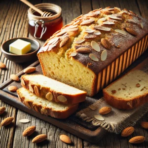 A beautifully plated loaf of Almond Bread served on a rustic wooden table. The bread is golden-brown with a slightly crisp crust and a soft, nutty interior. Topped with slivered almonds and lightly dusted with powdered sugar. Sliced and arranged on a wooden cutting board, served with a side of butter and honey. The warm wooden table is more visible, providing a cozy and inviting setting.