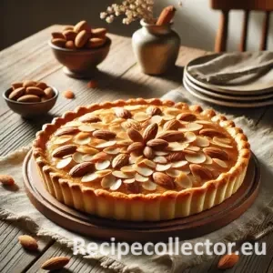 A golden-brown almond pie topped with sliced toasted almonds, set on a rustic wooden table with natural lighting, a linen napkin, and a pie server nearby.