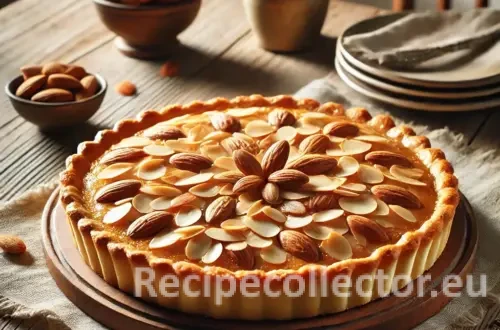 A golden-brown almond pie topped with sliced toasted almonds, set on a rustic wooden table with natural lighting, a linen napkin, and a pie server nearby.