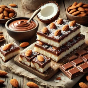 Homemade Almond Joy bars arranged on a rustic wooden table, featuring a creamy coconut filling topped with whole almonds and coated in glossy milk chocolate. Some bars are whole, while others are sliced to reveal the layered interior. Fresh coconut pieces, whole almonds, and a small bowl of melted chocolate are placed nearby, creating an indulgent and inviting presentation.