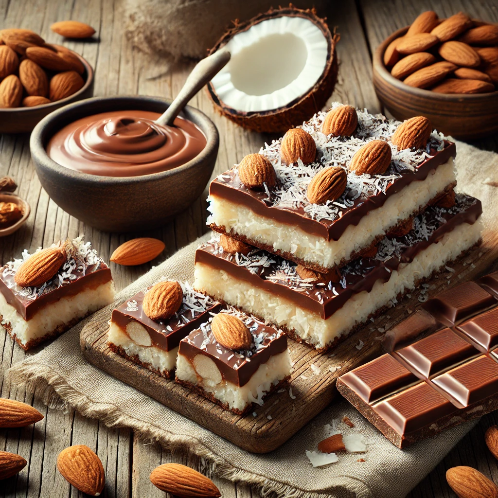 Homemade Almond Joy bars arranged on a rustic wooden table, featuring a creamy coconut filling topped with whole almonds and coated in glossy milk chocolate. Some bars are whole, while others are sliced to reveal the layered interior. Fresh coconut pieces, whole almonds, and a small bowl of melted chocolate are placed nearby, creating an indulgent and inviting presentation.