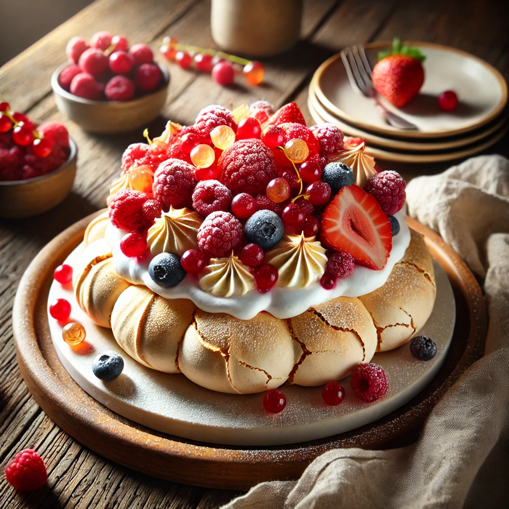 A beautifully presented Almond Meringue with Summer Berries, featuring a golden, crisp meringue base with a slightly cracked texture. The meringue is topped with soft, whipped cream infused with Kirsch and a generous assortment of fresh raspberries, strawberries, and red gooseberries. The dessert is elegantly arranged on a serving plate on a rustic wooden table, accompanied by a linen napkin, a small dish of extra berries, and a dusting of powdered sugar. Warm, natural lighting enhances the inviting textures and colors.