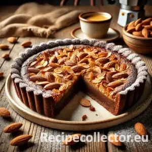 A rich almond pie with a chewy filling and chocolate crust, sliced on a rustic wooden table with powdered sugar and almonds scattered around.
