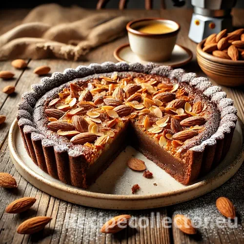 A rich almond pie with a chewy filling and chocolate crust, sliced on a rustic wooden table with powdered sugar and almonds scattered around.