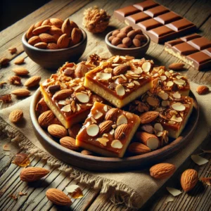 A plate of almond toffee with a golden-brown, crisp texture, topped with chopped toasted almonds and a smooth chocolate layer on a rustic wooden table. Some pieces are broken apart to reveal the crunchy layers, with whole almonds and chocolate shavings scattered around. A cozy napkin and wooden plate enhance the warm, inviting atmosphere.