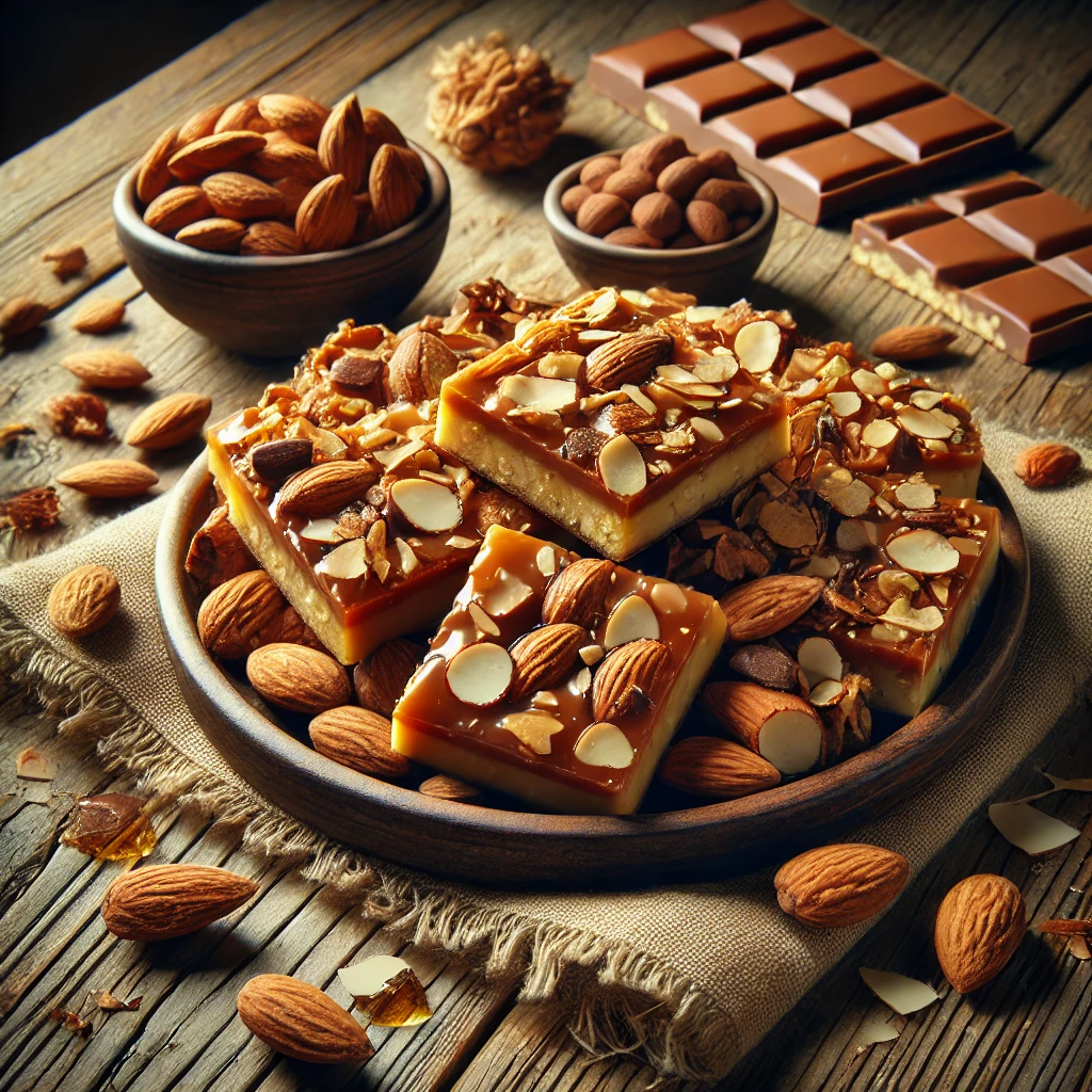 A plate of almond toffee with a golden-brown, crisp texture, topped with chopped toasted almonds and a smooth chocolate layer on a rustic wooden table. Some pieces are broken apart to reveal the crunchy layers, with whole almonds and chocolate shavings scattered around. A cozy napkin and wooden plate enhance the warm, inviting atmosphere.