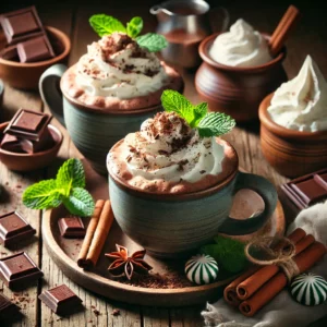 A rustic presentation of Alpine mint hot chocolate, elegantly arranged on a wooden table. The rich, velvety hot chocolate is served in ceramic mugs, topped with fluffy whipped cream, chocolate shavings, and a sprinkle of crushed peppermint. A cinnamon stick and a fresh mint sprig garnish each mug for extra flavor. Scattered around are whole peppermint candies, dark chocolate chunks, and a small dish of extra whipped cream. Soft natural lighting enhances the cozy and inviting feel, with gentle shadows and a hint of rustic winter charm in the background.