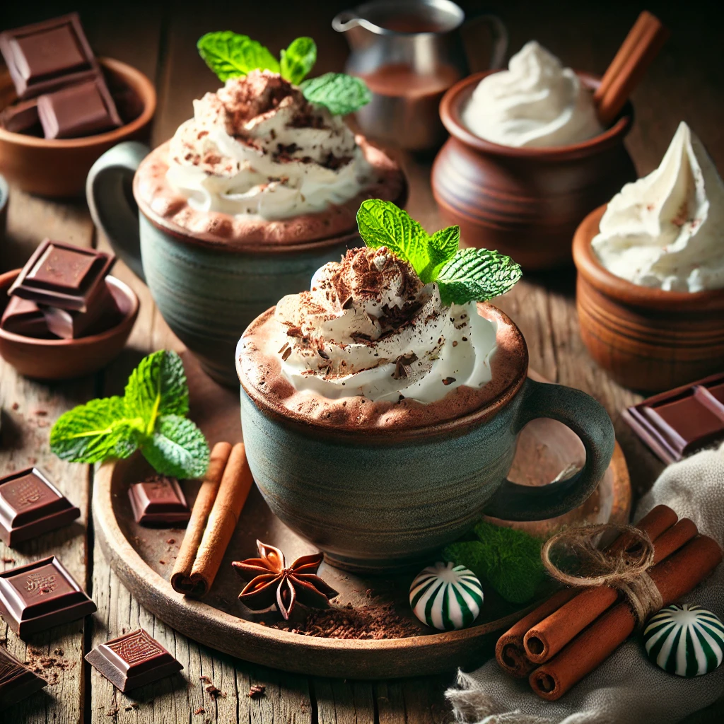 A rustic presentation of Alpine mint hot chocolate, elegantly arranged on a wooden table. The rich, velvety hot chocolate is served in ceramic mugs, topped with fluffy whipped cream, chocolate shavings, and a sprinkle of crushed peppermint. A cinnamon stick and a fresh mint sprig garnish each mug for extra flavor. Scattered around are whole peppermint candies, dark chocolate chunks, and a small dish of extra whipped cream. Soft natural lighting enhances the cozy and inviting feel, with gentle shadows and a hint of rustic winter charm in the background.