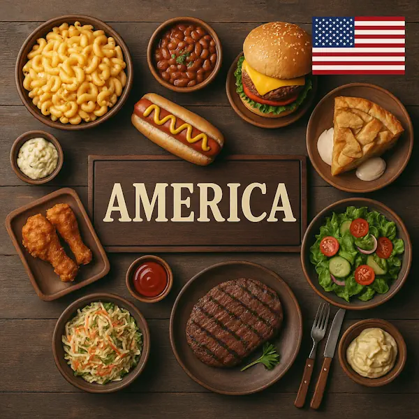 Top-down view of a rustic wooden table featuring a variety of classic American dishes arranged around a central sign labeled AMERICA, with the U.S. flag in the top right corner. Includes macaroni and cheese, baked beans, cheeseburger, hot dog, apple pie, fried chicken, coleslaw, hamburger patty, salad, mashed potatoes, and dipping sauces, all served in wooden and ceramic bowls and plates.