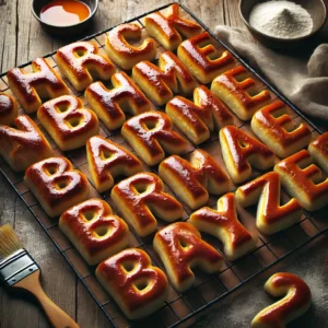 A batch of freshly baked Named Bread on a rustic wooden table, shaped into individual letters forming a name, with a deep golden-brown crust. The surface is glossy from an egg wash, giving it a rich finish. Some letters are arranged on a wire rack to cool, while others rest on a wooden cutting board. Scattered flour and a pastry brush add to the homemade charm. Soft natural lighting enhances the warm, inviting tones.