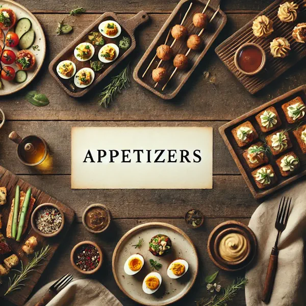 A rustic flat lay of appetizers on a dark wooden table, including bruschetta, stuffed mushrooms, deviled eggs, and skewered bites. Plates are arranged with garnishes and warm lighting. At the top, the word 'APPETIZERS' is written in large cream-colored serif letters, centered and clearly above the food.