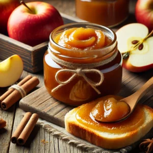 A beautifully presented jar of homemade apple butter, rich and deep golden brown in color, with a smooth, glossy texture. The jar is placed on a rustic wooden table, surrounded by fresh tart apples, cinnamon sticks, and a wooden spoon with a dollop of apple butter. A slice of toasted bread with apple butter spread on it sits beside the jar. Soft, natural lighting enhances the warm and cozy feel of the scene.