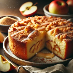 A freshly baked Apple Cake with a golden-brown crust, topped with a cinnamon-sugar crumble and drizzled with a light sugar glaze. The cake is sliced to reveal a moist interior with chunks of apple throughout. It is presented on a rustic wooden table, served on a ceramic plate with a linen napkin and fresh apple slices nearby. Warm, natural lighting enhances the inviting textures and comforting colors.
