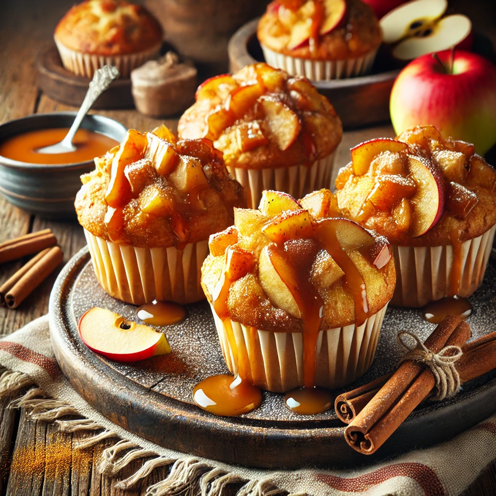 Apple candy muffins, golden-brown and topped with caramelized apple pieces, caramel drizzle, and powdered sugar, served on a wooden platter with cinnamon sticks and apple slices in a cozy autumn setting.
