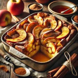 A rustic presentation of apple-cinnamon French toast strata, elegantly arranged on a wooden table. The baked dish is golden brown, layered with fluffy bread soaked in a spiced custard, caramelized apple slices, and a cinnamon sugar topping. A dusting of powdered sugar and a drizzle of maple syrup add the perfect finishing touch. A serving spoon rests inside the dish, revealing the rich, soft layers. Scattered around are cinnamon sticks, apple slices, and a small dish of maple syrup. Soft natural lighting enhances the warm and cozy feel, with gentle shadows and a hint of rustic kitchen elements in the background.
