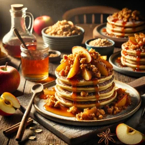 A rustic presentation of apple crisp pancakes, elegantly arranged on a wooden table. The pancakes are golden brown, stacked high, and topped with warm, spiced apple compote and a crunchy oat crumble. A drizzle of maple syrup cascades down the sides, with a dusting of powdered sugar for extra sweetness. A few pancakes are plated individually, while others rest on a wooden cutting board. Scattered around are cinnamon sticks, apple slices, and a small dish of extra crumble topping. Soft natural lighting enhances the warm and cozy feel, with gentle shadows and a hint of rustic kitchen charm in the background.
