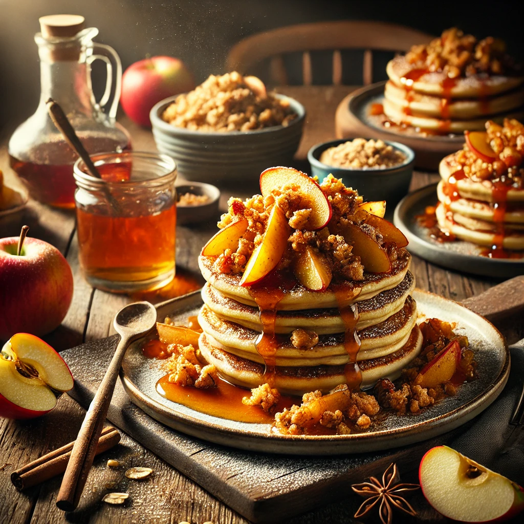 A rustic presentation of apple crisp pancakes, elegantly arranged on a wooden table. The pancakes are golden brown, stacked high, and topped with warm, spiced apple compote and a crunchy oat crumble. A drizzle of maple syrup cascades down the sides, with a dusting of powdered sugar for extra sweetness. A few pancakes are plated individually, while others rest on a wooden cutting board. Scattered around are cinnamon sticks, apple slices, and a small dish of extra crumble topping. Soft natural lighting enhances the warm and cozy feel, with gentle shadows and a hint of rustic kitchen charm in the background.
