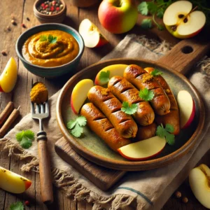 Golden-brown Apple Curry Seitan Fauxsages infused with sweet apple and curry spices, served on a ceramic plate with fresh cilantro and sliced apple wedges, accompanied by a bowl of curry sauce on a rustic wooden table.
