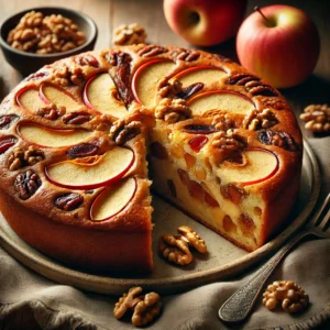 A freshly baked Apple, Date & Walnut Cake with a golden-brown crust, topped with apple slices and walnut pieces. The cake is sliced to reveal a moist interior filled with chopped dates and apples. It is presented on a rustic wooden table, served on a ceramic plate with a linen napkin and a small dish of extra walnuts. Warm, natural lighting enhances the inviting textures and rich, comforting colors.