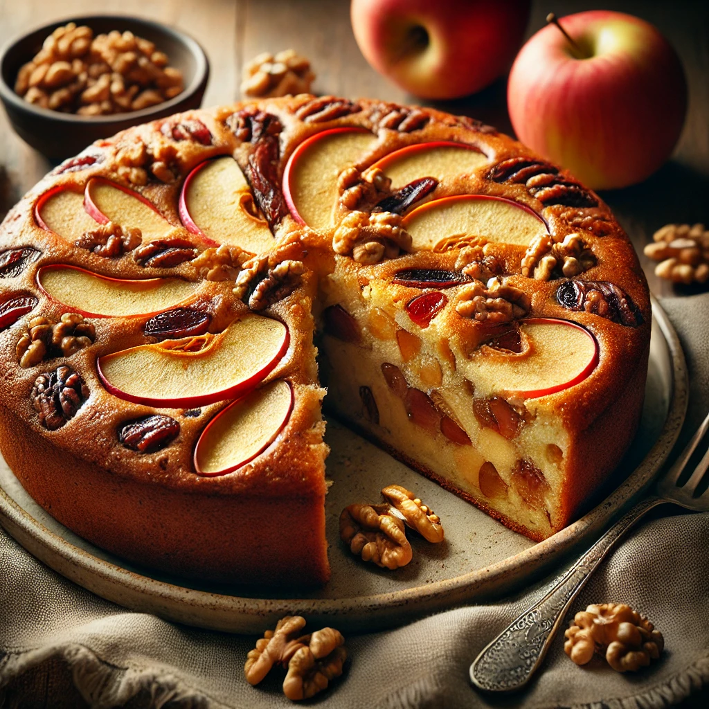 A freshly baked Apple, Date & Walnut Cake with a golden-brown crust, topped with apple slices and walnut pieces. The cake is sliced to reveal a moist interior filled with chopped dates and apples. It is presented on a rustic wooden table, served on a ceramic plate with a linen napkin and a small dish of extra walnuts. Warm, natural lighting enhances the inviting textures and rich, comforting colors.