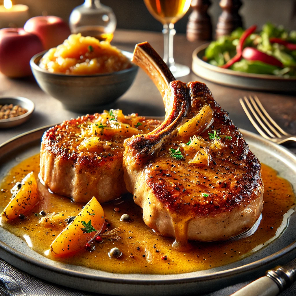Golden-brown bone-in pork chops seasoned with onion powder, paprika, and celery seeds, served with a smooth and rich applesauce made from cooking apples and honey. The dish is garnished with fresh herbs and presented on a sleek ceramic plate with a side of sautéed vegetables, set in a sophisticated dining atmosphere with warm natural lighting