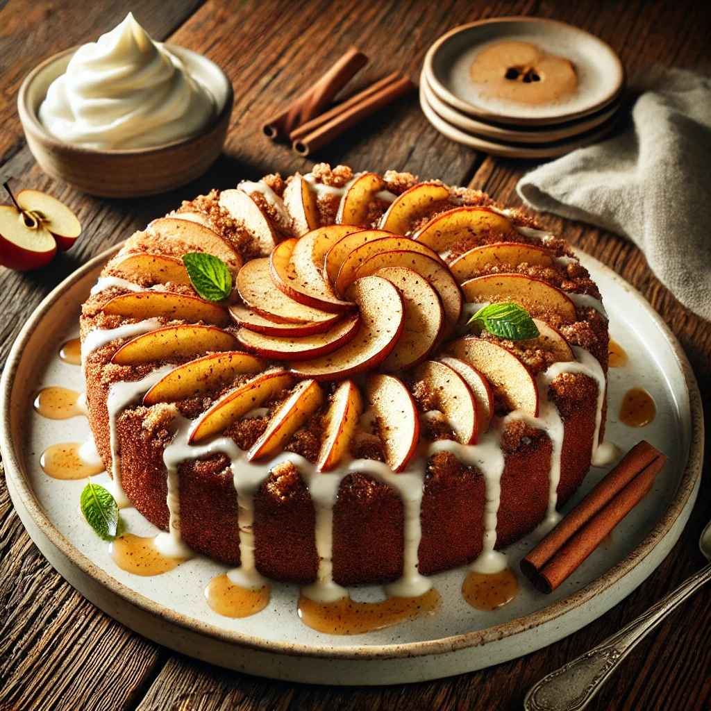 A beautifully plated Apple Pie Coffee Cake served on a rustic wooden table. The cake features a moist, spiced apple-infused base with a crumbly cinnamon streusel topping. Drizzled with a light vanilla glaze and garnished with thin apple slices. Served on a white ceramic plate with a side of whipped cream. The warm wooden table is more visible, providing a cozy and inviting setting.