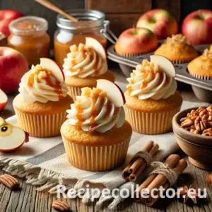 A cozy kitchen table with golden Apple Pie Cupcakes topped with frosting and caramel drizzle, surrounded by apples, pecans, and cinnamon sticks on a rustic wooden surface.